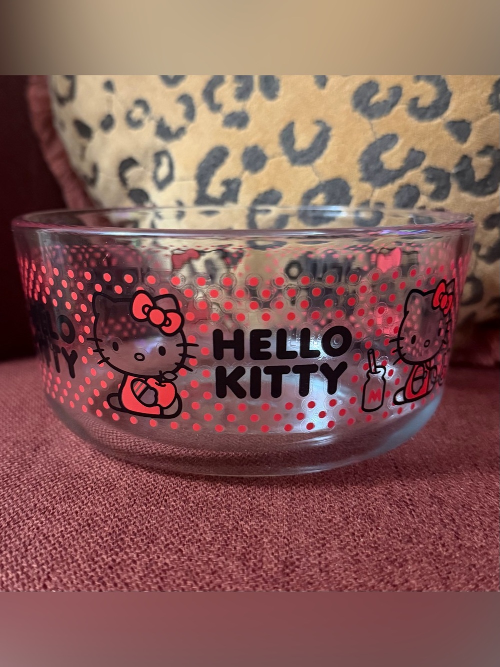 Pyrex Hello Kitty Clear Glass Bowl, Red Polka Dots 5.75”